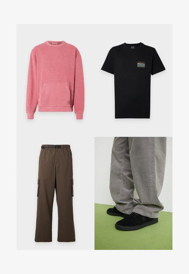 Sudadera rosa con cuello redondo, mangas largas, bolsillo delantero y puños y dobladillo acanalados. Cuenta con un pequeño parche con el logotipo.; Camiseta negra de manga corta con un pequeño gráfico multicolor de montaña y océano y texto "BILLABONG Adventure division" en el pecho izquierdo.; Pantalones cargo marrones de corte holgado, con cintura elástica y dos bolsillos laterales. Incluyen un cinturón negro con diseño, de textura suave.; Zapatillas de skate de ante negro con un acabado texturizado y un logo, combinadas con pantalones de pana gris con una textura acanalada. Superficie del suelo en verde.
