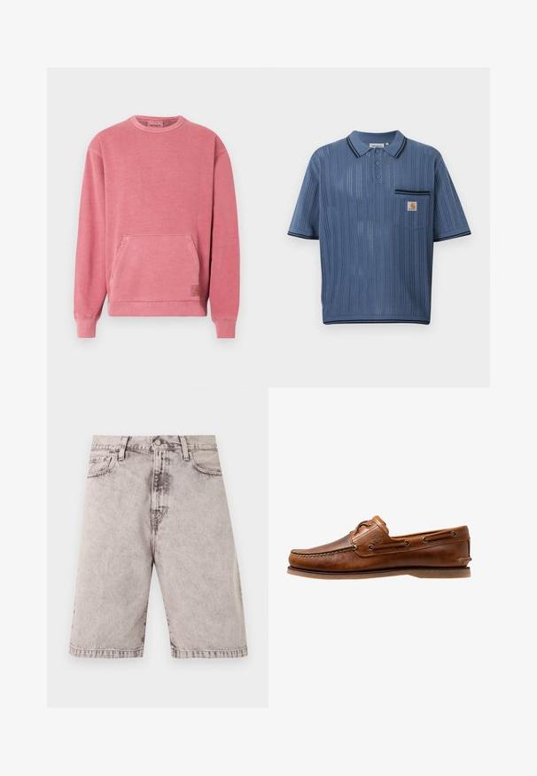 Roze sweatshirt met een ronde hals, lange mouwen, een zak aan de voorkant en geribbelde boorden en zoom. Voorzien van een klein logo-label.; Blauw gebreid poloshirt met verticale geperforeerde strepen, een drieknopsbies, borstzak met een Carhartt-logo en zwarte afwerking aan kraag en mouwen.; Lichtgrijze denimshorts met knoop aan de voorkant, rits, broekriemlussen en zijzakken, weergegeven op een witte achtergrond.; Brown leren botenschoen met gestikte accenten, voorzien van metalen oogjes, een verhoogde naad op de neus en een platte rubberen zool.