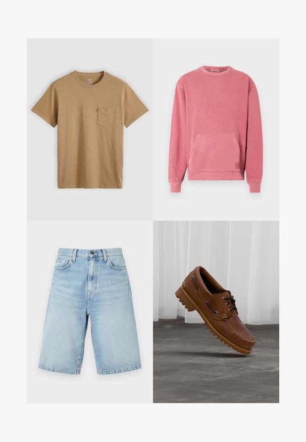 Pink sweatshirt with a crew neckline, long sleeves, front pocket, and ribbed cuffs and hem. Features a small logo patch.; Plain light brown short-sleeve crew neck T-shirt with a left chest pocket and small red tag on pocket edge, laid flat on a light background.; Light blue denim knee-length shorts with front pockets, belt loops, and a button closure.; Brown leather boat shoe with black laces, beige stitching, and a rugged sole, suspended above a gray concrete floor.