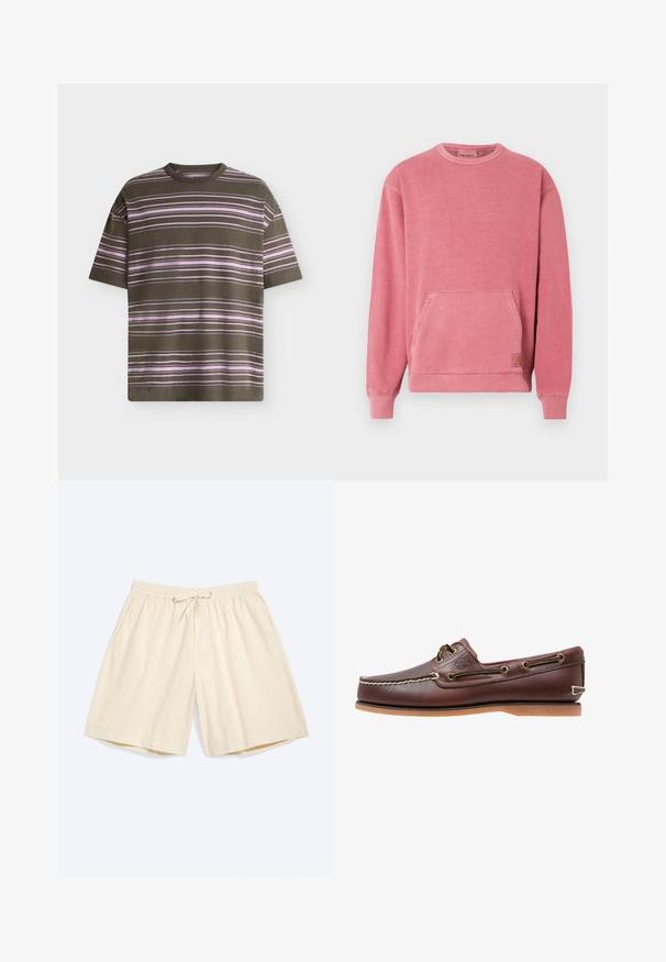 Sweat-shirt rose avec encolure ronde, manches longues, poche avant, et poignets et base côtelés. Comprend un petit écusson logo.; T-shirt vert olive à manches courtes avec de fines rayures horizontales roses sur le devant et les manches sur fond blanc.; Shorts couleur crème jusqu'aux genoux avec taille élastique et cordon de serrage, dotés de poches latérales, posés à plat sur un fond clair.; Chaussure bateau en cuir marron avec coutures blanches, détails de lacets et semelle en caoutchouc beige, vue de côté sur fond blanc.