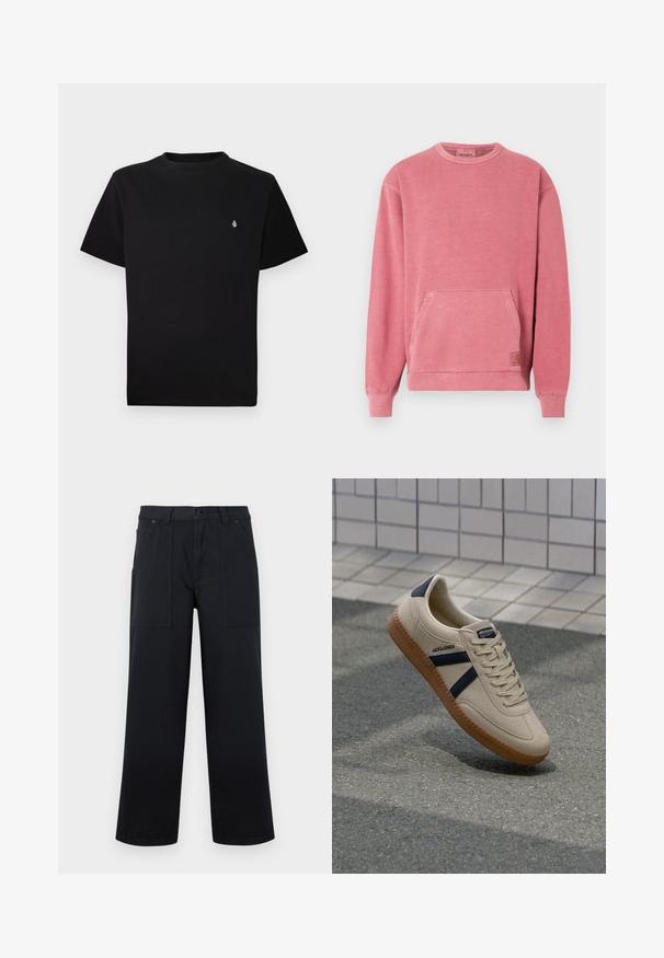 Sweat-shirt rose avec encolure ronde, manches longues, poche avant, et poignets et base côtelés. Comprend un petit écusson logo.; T-shirt en coton noir avec encolure ronde et manches courtes ; présente un petit logo blanc sur le côté gauche de la poitrine. Texture lisse, coupe régulière.; Pantalon noir à jambes larges avec poches plaquées à l'avant, passants pour ceinture et fermeture par bouton, présenté sur un fond uni.; Baskets beiges avec une finition texturée, bandes navy et semelle en caoutchouc. Équipées d'une languette rembourrée et d'un système de laçage traditionnel pour un maintien sécurisé.