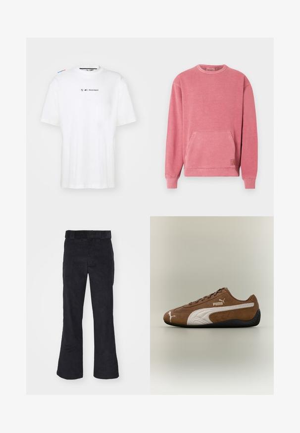 Rosa Sweatshirt mit Rundhalsausschnitt, langen Ärmeln, Fronttasche und gerippten Bündchen und Saum. Mit einem kleinen Logopatch versehen.; Weißes Baumwoll-T-Shirt mit kurzen Ärmeln, das ein kleines "BMW Motorsport"-Logo in Schwarz und farbige Akzente auf den Schultern aufweist.; Schwarze Cordhosen mit lockerer Passform, klassischem Bund und weit geschnittenen Beinen, weicher Textur und ohne sichtbare Muster oder Akzente.; Brauner Wildleder-Sneaker mit weißen Akzenten und strukturiertem Design. Mit einer schwarzen Gummisohle und einem auffälligen Puma-Logo an der Seite.
