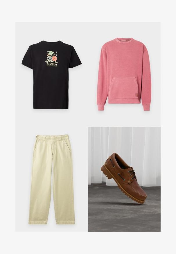 Roze sweatshirt met een ronde hals, lange mouwen, een zak aan de voorkant en geribbelde boorden en zoom. Voorzien van een klein logo-label.; Zwarte katoenen t-shirt met een kleurrijke grafische print van een ananas en kersen, tekst luidt "Stance Community Run Club." Korte mouwen.; Beige katoenen broek met een relaxte pasvorm, voorzien van zijzakken, ceintuurlussen en rechte pijpen. Gladde textuur met minimale stikdetails.; Bruine leren bootschoen met zwarte veters, beige stiksel en een robuuste zool, zwevend boven een grijze betonnen vloer.
