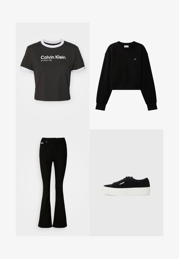 Čierna crop mikina s dlhými rukávmi, okrúhlym výstrihom a malou nášivkou s logom Calvin Klein na ľavej strane hrudníka.; Ostrihnuté čierne tričko s bielym obšitím výstrihu a rukávov. Na tričku je vytlačené "Calvin Klein" a "endless city" v bielej farbe. Vyrobené z jemnej bavlny.; Čierne rozšírené džínsy s priliehajúcim pásom, vyrobené z mäkkého denimu. Majú dve predné vrecká a klasické zapínanie na gombík a zips.; Čierne kordúrové tenisky s bielou gumovou podrážkou. Majú okrúhlu špičku, šnurovanie vpredu a minimalizované logo na boku.