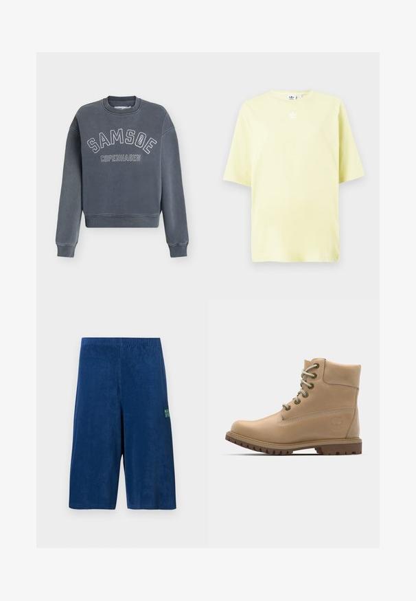 Donkergrijze crewneck sweater met "SAMSOE" gebogen en "COPENHAGEN" eronder in verweerde witte letters op de voorkant.; Lichtgele Adidas T-shirt met korte mouwen en een klein wit trefoil-logo in het midden nabij de hals.; Marineblauwe knielange korte broek met elastische tailleband en een klein groen logo op de rechterdij, weergegeven op een effen achtergrond.; Beige leren enkelboot met een ronde neus, beige veters en een robuuste zool. Beschikt over zijstiksels en een rond logo op de hak.