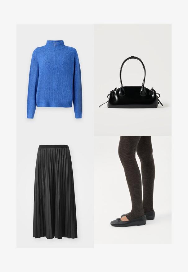 Sinine kudumiga pullover kõrge krae ja poole tõmbluku kinnitusega. Omab tekstuurset kangast ja lõdva, karbilaadse sobivusega.; Mustmustri pleated maxi seelik, millel on sile tekstuur ja elastne vöökoht, vertikaalsete voldikutega, mis loovad mahu ja liikumise.; Jalad seljas tumedad soonelises soonelises kombines mustade baleriinadega, millel on väikesed paelade detailid valgel taustal.; Väike must läikiv käekott kahe pika sangaga ja külgedel paelakinnitustega, ühel lihtsal helel taustal.