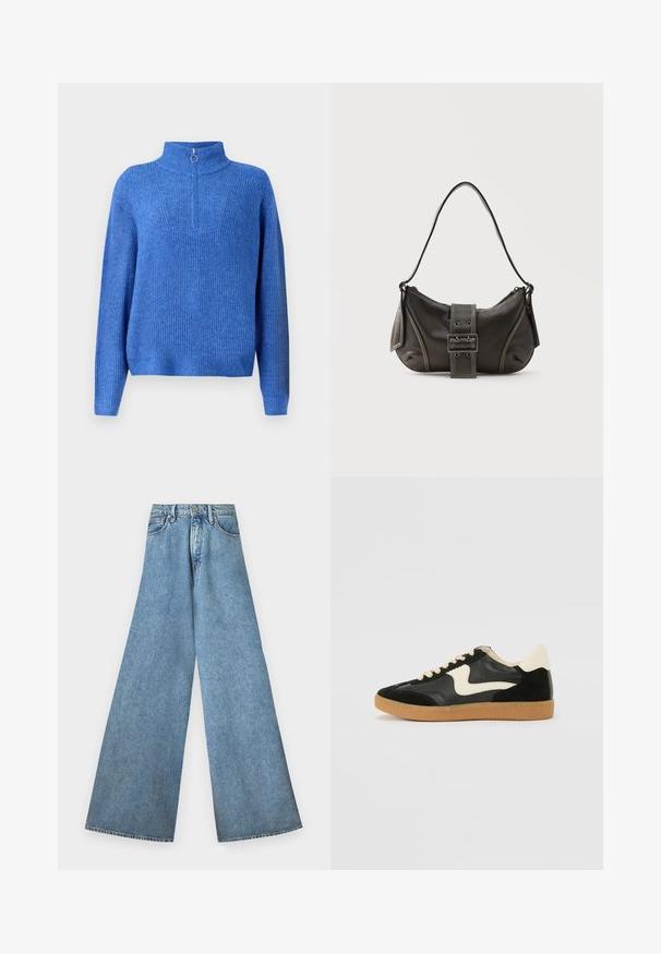 Pull en maille bleu avec un col haut et une fermeture éclair mi-longue. Présente un tissu texturé et une coupe décontractée, légèrement oversized.; Good American PANELED WIDE LEG - Wide Leg - indigo; Baskets en daim et cuir noir avec un swoosh latéral crème et un talon crème clair. Dotées de lacets beige et d'une semelle en caoutchouc gomme.; Sac à épaule en cuir noir avec une sangle à boucle, des bords arrondis et des coutures blanches contrastées sur un fond uni.
