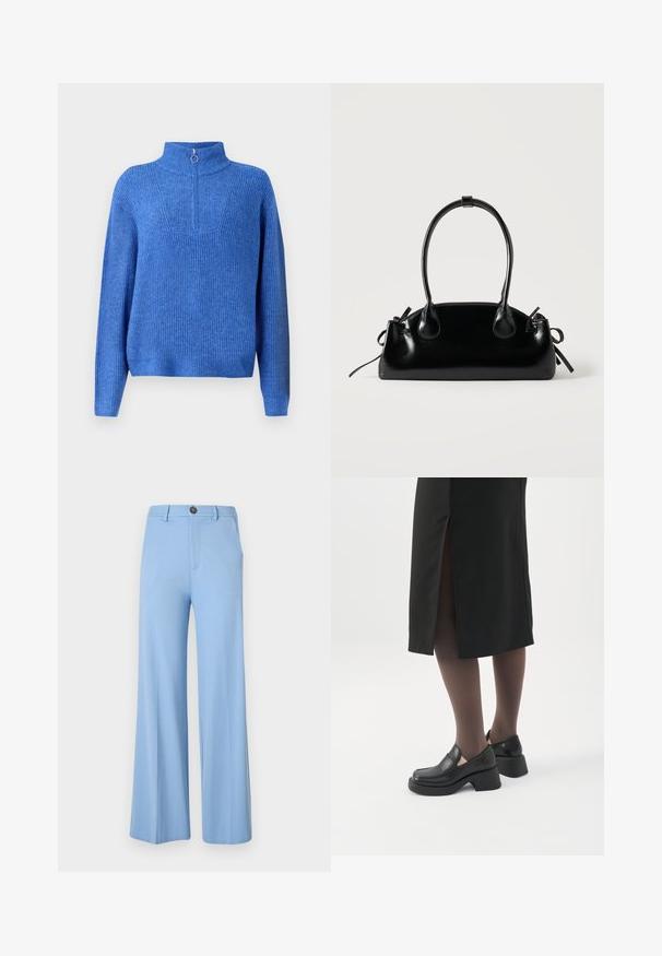 Pull en maille bleu avec un col haut et une fermeture éclair mi-longue. Présente un tissu texturé et une coupe décontractée, légèrement oversized.; Pantalon large bleu clair en tissu lisse, équipé d'une fermeture à bouton et de poches avant. Design épuré et ajusté sans motifs.; Femme portant des mocassins noirs à talons épais, des collants noirs transparents et une jupe noire fendue à l'arrière sur fond blanc.; Petit sac à main noir brillant avec deux longues anses et des détails à cordon sur les côtés sur un fond clair uni.