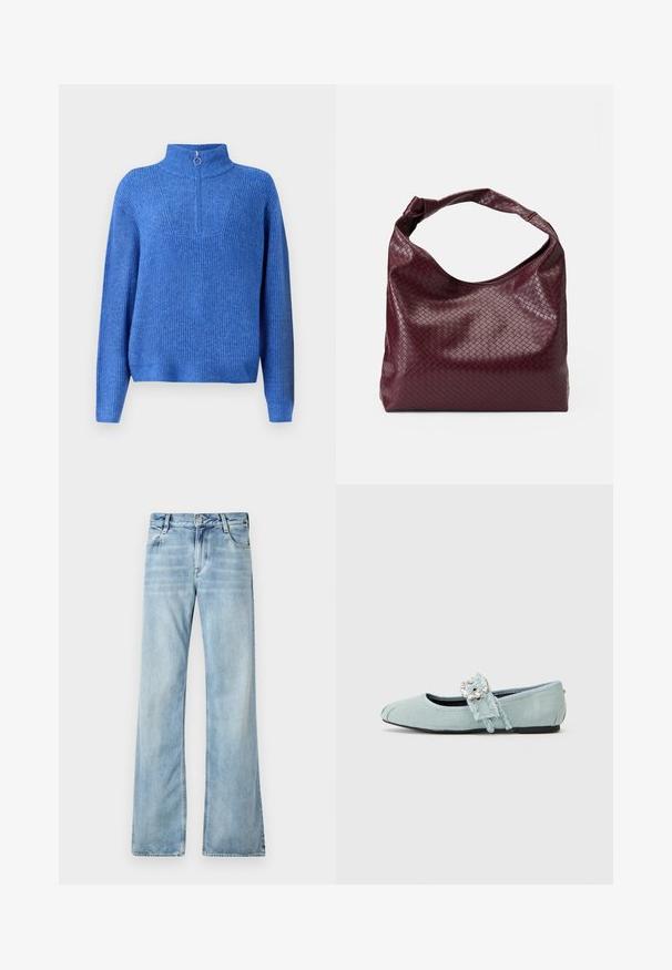 Blauer gestrickter Pullover mit hohem Kragen und einem halben Reißverschluss. Er verfügt über einen strukturierten Stoff und eine lässige, kastige Passform.; Hellblaue, ausgestellte Jeans aus Denim mit einem Fünf-Taschen-Design, Knopfverschluss und sanften Ausbleichungen für einen getragenen Effekt.; Helle blaue flache Schuhe mit einer weichen Wildleder-Textur, runder Spitze und einer dekorativen Schnalle mit klaren Akzenten am Riemen.; Bordeauxfarbene Tasche mit einer strukturierten, gewebten Musterung, weichem Leder und einem einzelnen, verknoteten Griff. Geräumiges Hobo-Design.