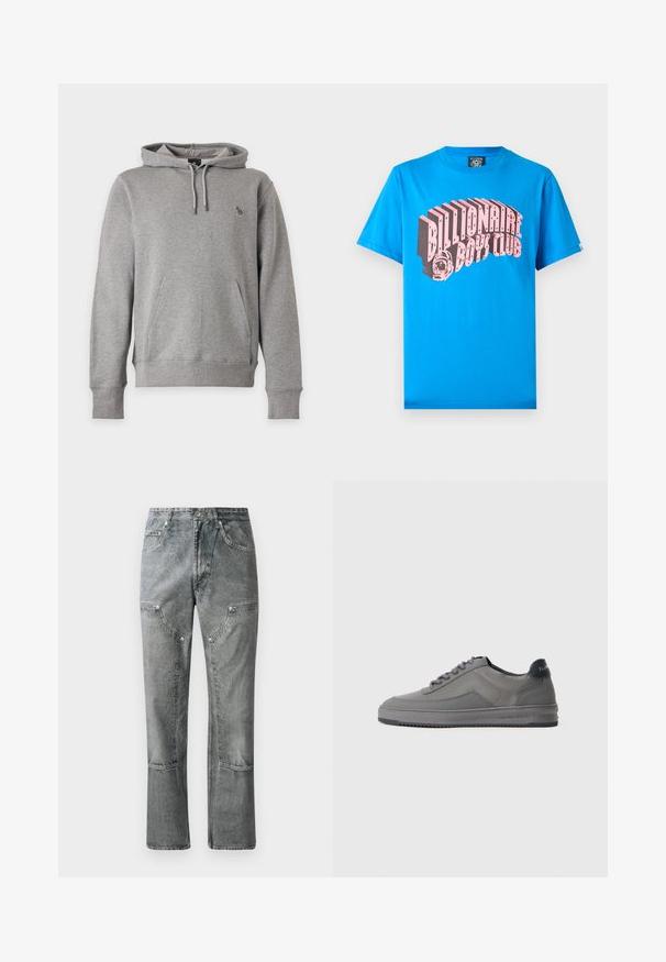 Lysegrå hættetrøje med frontlomme, snøre i hætten, ribkant ved ærmerne og en lille flerfarvet dyrelogo på brystet.; Blå bomuld t-shirt med en markant, pink grafik, der siger "Billionaire Boys Club" med et stiliseret design og et astronautdetalje.; Grå denimjeans med lige pasform, der har frontlommer, synlige sømme og en falmet finish. Materialet har en glat overflade.; Grå sneakers med tekstureret stof, glatte detaljer, rund tå og gummisål. Har kontrasterende mørk hælflap og snørebånd. Minimalistisk design.