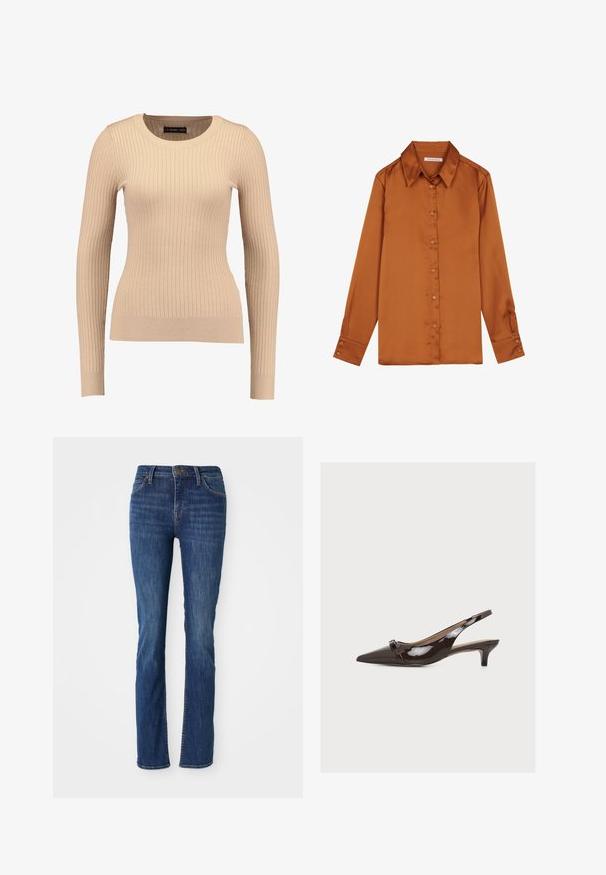 Gestreifter Langarm-Pullover in hellbeige, aus dehnbarem Stoff hergestellt. Verfügt über einen runden Ausschnitt und eine taillierte Silhouette mit bündchenartigen Manschetten.; Anna Field Hemdbluse - brown; Blaue gerade geschnittene Jeans mit leichter Ausbleichung, vorderen Taschen, Gürtelschlaufen und einem Knopfverschluss auf einem weißen Hintergrund.; Dunkelbrauner Slingback-Schuh aus Lackleder mit spitzer Schuhspitze, kleinem Kitten-Heel und dekorativer Schnalle am Vorderriemen.