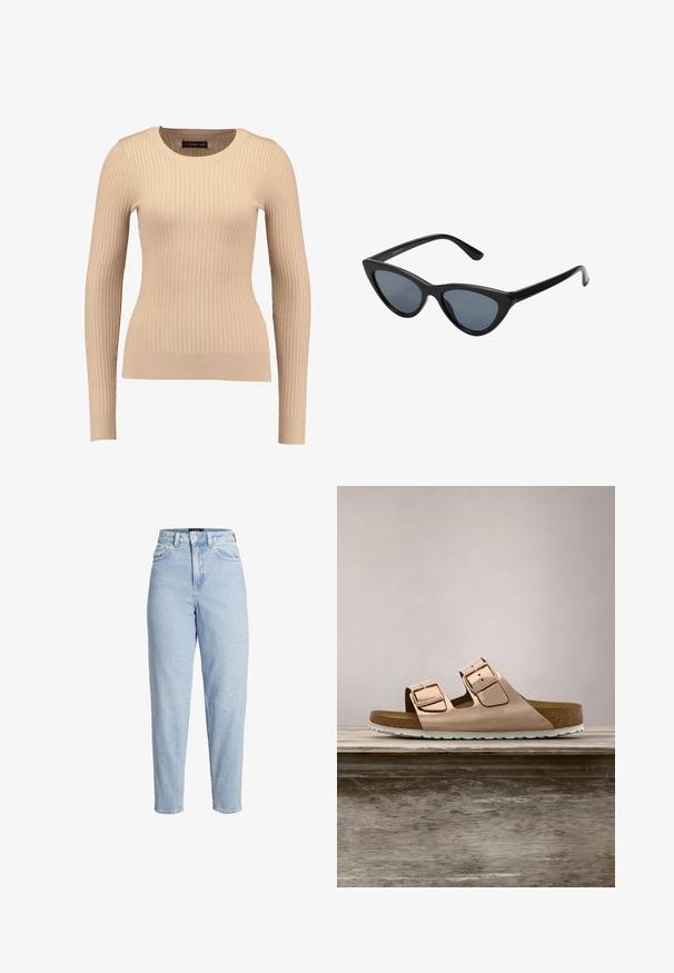 Ribbet langærmet sweater i lys beige, lavet af strækbart stof. Har en rund halsudskæring og tætsiddende silhuet med ribbede manchetter.; Lys blå, høj talje, denimjeans med forreste knap- og lynlåslukning, bæltestropper og tilspidsede ben.; Rosenfarvede slidesandaler i metal med to justerbare metalspænder, korkfodbed og hvid gummisål. Glat metalfinish, åben tå-design.; Sorte katteøje solbriller med mørkegrå linser, slankt plastisk stel, spidse hjørner og lige stænger. Ingen synlig hardware eller dekorationer.