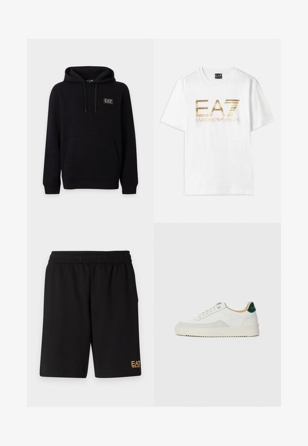 Musta hupullinen collegepaita etutaskulla ja EA7 Emporio Armani -logo rinnassa, esitetty yksinkertaisella vaalealla taustalla.; Valkoinen puuvillainen t-paita, jossa on suuri kultainen metallinen "EA7" -logo ja "EMPORIO ARMANI" -teksti sen alapuolella, lyhyillä hihoilla ja pyöreällä kaulaaukolla.; Mustat urheilushortsit, jotka on valmistettu pehmeästä kankaasta. Kengissä on joustava vyötärönauha ja pieni keltainen EA7-logo vasemmassa alakulmassa.; Valkoiset tennarit, joissa on nahkaosia, pyöreä kärki, tasaiset nauhat ja kermaisa kumi-pohja. Takana vihreä brändäys.