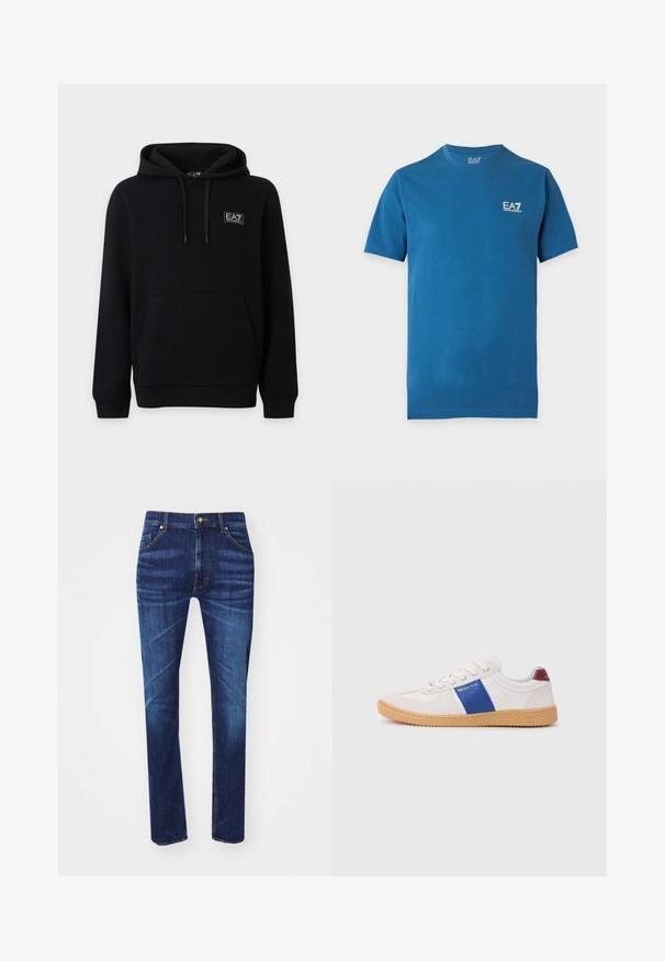 Must kapuutsiga dressipluus esitasku ja EA7 Emporio Armani logoga rinnal, esitatuna ühtlase heleda tausta peal.; Sinine lühikeste varrukatega ümara kaelusega T-särk, millel on väike valge EA7 Emporio Armani logo ülemise vasaku rinna kohal.; Tumedast sinises denimist sirge lõikega teksad, millel on viis taskut, kontrastsed oranžid õmblused ja klassikaline metallnupp sulgemiseks.; Valged tossud sinise triibuga, kummist soe tald ja kerge tekstuur. Küljel on valge bränding ning punane kand.