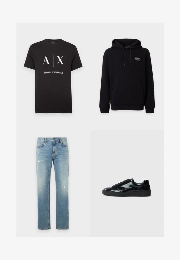 Sweat à capuche noir avec poche avant et logo EA7 Emporio Armani sur la poitrine, présenté sur un fond clair uni.; T-shirt en coton noir avec les initiales "A|X" et "ARMANI EXCHANGE" imprimées en blanc. Col rond avec manches courtes.; Jean en denim bleu clair avec une coupe droite, présentant des zones délavées et de petites déchirures. Design classique à cinq poches et passants pour ceinture.; Baskets en cuir verni noir avec un bout arrondi, un laçage, une semelle en caoutchouc texturé et une finition lisse.