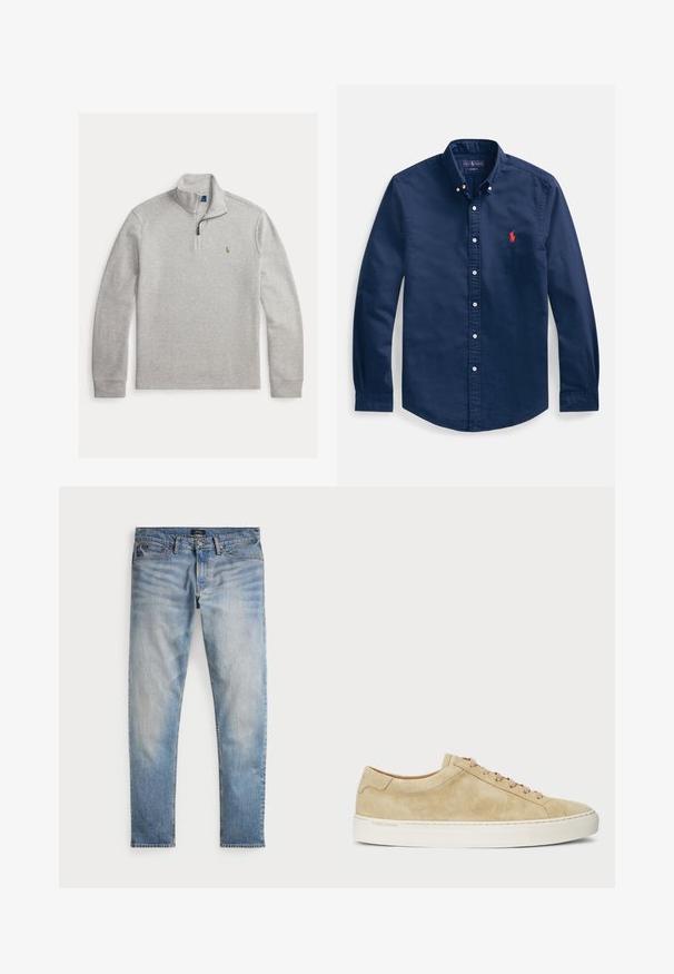 Lysegrå langærmet pullover med kvart-lynlås krave og lille broderet logo på venstre bryst.; Marineblå skjorte med knapper lavet af bomuld, med spidst krave, lange ærmer og et lille rødt broderet logo på brystet.; Lys blå denimjeans med en falmet finish, fem-lomme design og kontraststing. Har lynlås og bæltesløjfer. Lige pasform.; Beige ruskinds sneakers med lav profil, rund tå og beige snørebånd. Har sål i hvid gummi og diskret branding på siden.