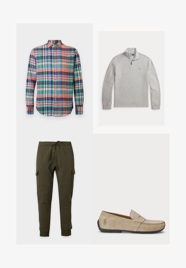 Lichtgrijze trui met lange mouwen, een kraag met een kwartrits en een klein geborduurd logo op de linkerborst.; Langsleeve button-up shirt met een meerkleurig geruit patroon in oranje, groen, blauw, marineblauw en crème op een effen achtergrond.; Donkergroene cargojoggingbroek met trekkoord in de taille, zijzakken met klep, geribde enkelboorden en kniezaaddetails op een effen achtergrond.; Beige suède instappers met een gestikt detail, platte rubberen zool en een klein logo aan de zijkant. Klassiek instapontwerp, zachte textuur.