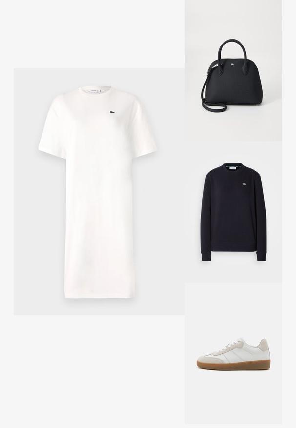 Sudadera de manga larga negra lisa de Lacoste con logo de cocodrilo verde bordado en el lado izquierdo del pecho sobre un fondo blanco.; Vestido blanco de camiseta hecho de algodón, con cuello redondo, mangas cortas y un pequeño logo verde en el pecho. Silueta simple y recta.; Deportivas de cuero blanco con acentos de ante beige, lengua texturizada y suela de goma. Presenta cordones blancos y detalles sutiles de costura.; Bolso de mano negro hecho de un material texturizado, con dos asas superiores y una correa de hombro desmontable, con un acento de logo plateado.