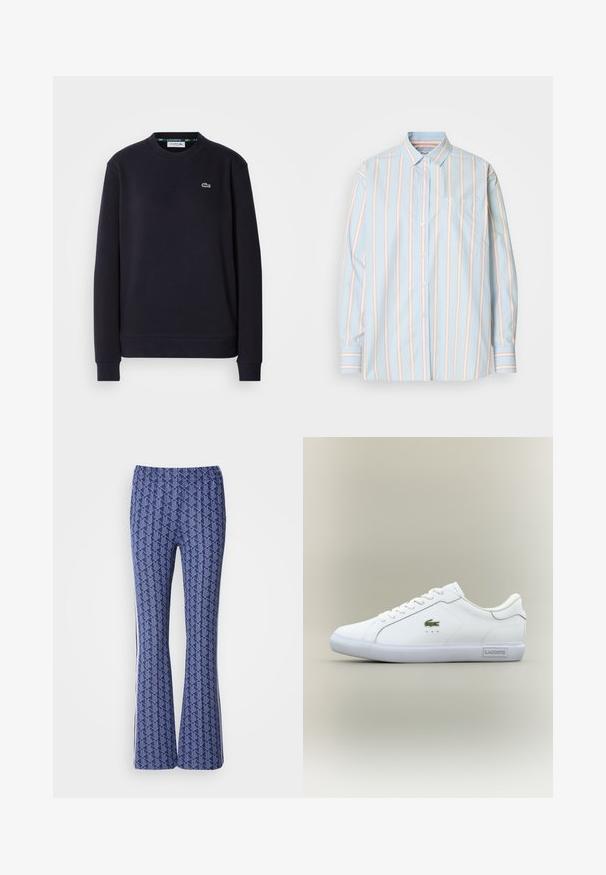 Schwarzes Langarm-Lacoste-Pullover mit Rundhalsausschnitt und gesticktem grünen Krokodil-Logo auf der linken Brust, auf weißem Hintergrund.; Hellblaues Button-Up-Hemd mit vertikalen Streifen in Weiß und sanftem Rosa. Enthält eine Brusttasche und kontrastierende gestreifte Manschetten. Weicher Stoff.; Blaue gemusterte Schlaghosen mit geometrischem Design, elastischem Bund und weißen Streifen an den Seiten. Glatte Textur auf der gesamten Fläche.; Weiße Sneaker im Low-Top-Design mit weißen Schnürsenkeln, grünem Krokodil-Logo an der Seite und "Lacoste"-Label an der Sohle vor neutralem Hintergrund.