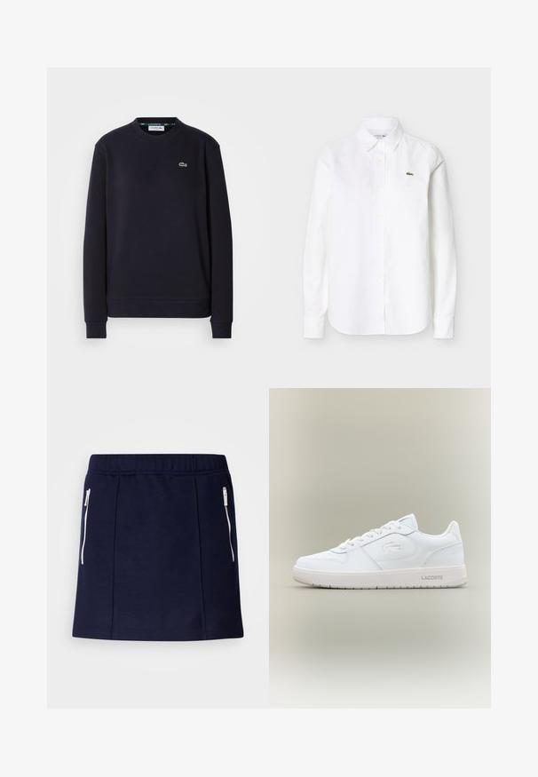 Lihtne must pika varrukaga Lacoste crewneck fliis, mille vasakus rinnas on broderitud roheline krokodilli logo, valge taustal.; Valge triiksärk pikkade varrukatega, kraega, millel vasakul rinnal väike roheline krokodillilogoga.; Tumedat sinine seelik, mis on valmistatud pehmest materjalist, valgete lukuga taskute ja kehakujulise disainiga, millel on sile tekstuur. Keskmise reie pikkus.; Valge nahkne tennisekeng sujuva viimistlusega, ümmargune nina, paeltega disain ja peene leebelt reljeefne logo külgedel. Varustatud kummist tallaga.