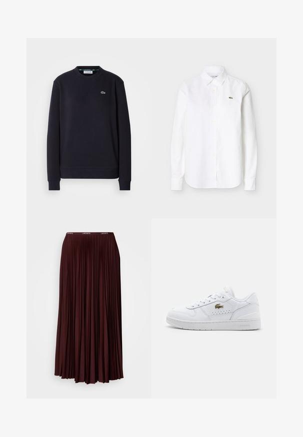 Effen zwarte lange mouwen Lacoste crewneck sweatshirt met geborduurd groen krokodillenlogo op de linkerkant van de borst tegen een witte achtergrond.; Wit overhemd met lange mouwen en knopen, voorzien van een kraag en een klein groen krokodillenlogo op de linkerborst.; Bordeaux plissé rok van zachte stof met een elastische tailleband en een subtiele logo. Volledige lengte ontwerp met verticale plooien.; Witte leren sneakers met een gladde afwerking, ronde neus, geperforeerde zijkant voor ademend vermogen en een gouden Lacoste-logo aan de buitenzijde.