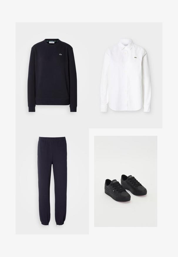 Sweatshirt noir à manches longues Lacoste, col rond, avec logo crocodile vert brodé sur la poitrine gauche, sur fond blanc.; Chemise blanche à manches longues avec col et boutons, ornée d'un petit logo crocodile vert sur la poitrine gauche.; Pantalons de survêtement navy avec une taille élastique et des ourlets resserrés. Fabriqués à partir d'un tissu doux avec une texture lisse, sans motifs ni embellissements visibles.; Baskets basses noires en matériau lisse, avec des lacets épais, une semelle texturée et un petit logo sur le côté et la languette.