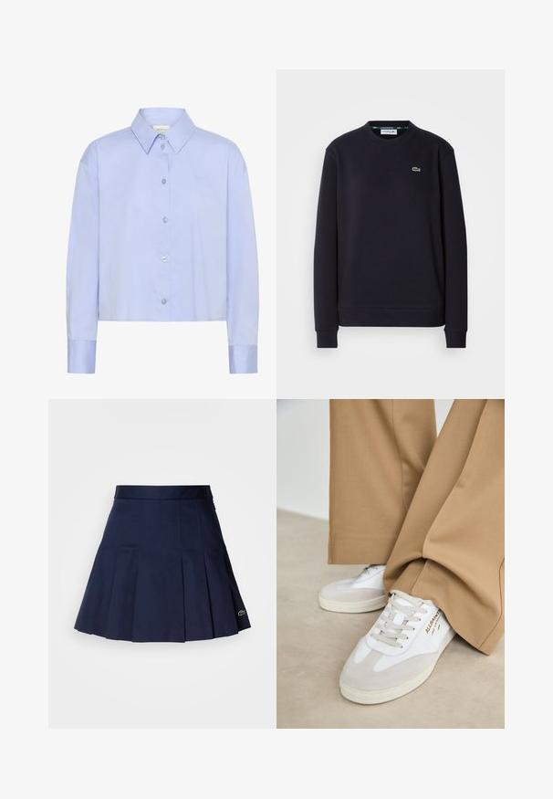 Effen zwarte lange mouwen Lacoste crewneck sweatshirt met geborduurd groen krokodillenlogo op de linkerkant van de borst tegen een witte achtergrond.; Lichtblauw cropped button-up shirt met een kraag, lange mouwen en doorzichtige knopen. Subtiele logo-detail op de borst.; Marineblauwe plooienrok met een aangesloten tailleband, gemaakt van een soepele stof. Beschikt over een klein Lacoste-logo op de zoom.; Witte sneakers met suède accenten, gestructureerde veters en een rubberen zool. Gecombineerd met losse beige broek. Logo zichtbaar aan de zijkant.