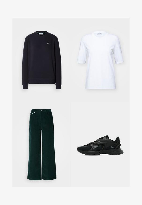 Sudadera de manga larga negra lisa de Lacoste con logo de cocodrilo verde bordado en el lado izquierdo del pecho sobre un fondo blanco.; Camiseta blanca de algodón con mangas cortas, escote redondo y un sutil logo bordado en el pecho. Textura suave, corte clásico.; Pantalones de pana de pierna ancha en verde oscuro. Presentan una textura acanalada horizontal, bolsillos frontales y cierre con botones con detalles de marca.; Zapatilla deportiva negra con materiales de malla y sintéticos, detalles texturizados, diseño de cordones y un logo prominente en el lateral.