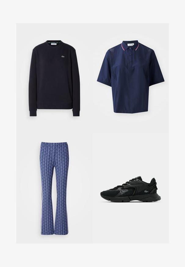 Schwarzes Langarm-Lacoste-Pullover mit Rundhalsausschnitt und gesticktem grünen Krokodil-Logo auf der linken Brust, auf weißem Hintergrund.; Dunkelblaues kurzärmliges Poloshirt mit Knopfleiste, kontrastierendem Kragen mit roten und weißen Akzenten sowie perforierten Seitenteilen für Atmungsaktivität.; Blaue gemusterte Schlaghosen mit geometrischem Design, elastischem Bund und weißen Streifen an den Seiten. Glatte Textur auf der gesamten Fläche.; Schwarzer Sportschuh aus Mesh und synthetischen Materialien, mit strukturierten Akzenten, Schnürdesign und prominentem Logo an der Seite.