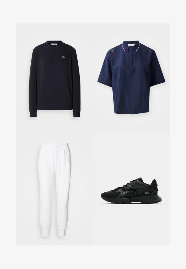 Schwarzes Langarm-Lacoste-Pullover mit Rundhalsausschnitt und gesticktem grünen Krokodil-Logo auf der linken Brust, auf weißem Hintergrund.; Dunkelblaues kurzärmliges Poloshirt mit Knopfleiste, kontrastierendem Kragen mit roten und weißen Akzenten sowie perforierten Seitenteilen für Atmungsaktivität.; Weiße Jogginghose mit elastischem Bund und Kordelzug, mit seitlichen Taschen und gerippten Bündchen. Weicher Stoff mit gesticktem Logodetail.; Schwarzer Sportschuh aus Mesh und synthetischen Materialien, mit strukturierten Akzenten, Schnürdesign und prominentem Logo an der Seite.
