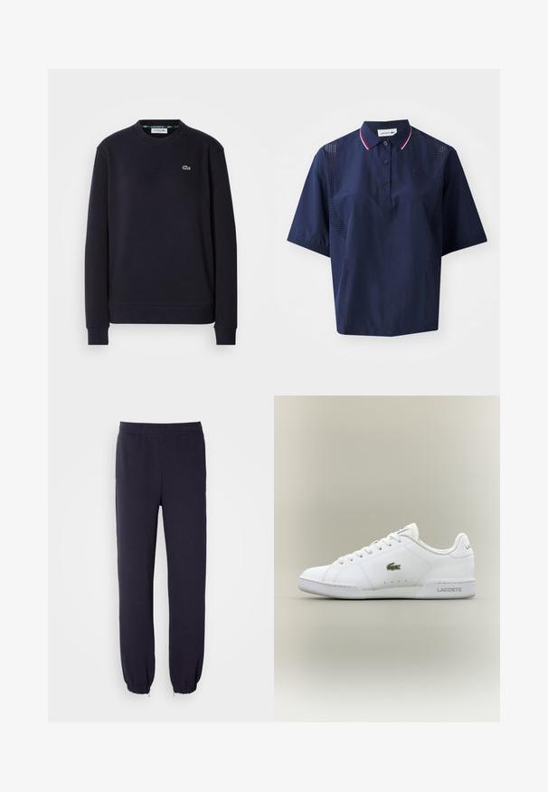 Schwarzes Langarm-Lacoste-Pullover mit Rundhalsausschnitt und gesticktem grünen Krokodil-Logo auf der linken Brust, auf weißem Hintergrund.; Dunkelblaues kurzärmliges Poloshirt mit Knopfleiste, kontrastierendem Kragen mit roten und weißen Akzenten sowie perforierten Seitenteilen für Atmungsaktivität.; Marineblaue Sweatpants mit einem elastischen Bund und gestrafften Säumen. Hergestellt aus weichem Stoff mit glatter Textur, ohne sichtbare Muster oder Verzierungen.; Weiße Sportschuhe aus synthetischem Leder, mit einem grünen gestickten Krokodil-Logo, Schnürdesign und minimalistischer Silhouette.