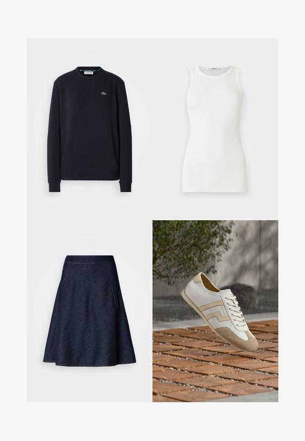 Effen zwarte lange mouwen Lacoste crewneck sweatshirt met geborduurd groen krokodillenlogo op de linkerkant van de borst tegen een witte achtergrond.; Wit mouwloos geribd tanktopje met ronde hals, aansluitende vorm en merkembleem aan de binnenkant van de kraag.; Donkerdenim A-lijn rok met een middelhoge tailleband, twee zijzakken en contrasterende stiksels langs de randen. Soepele textuur.; Witte en beige leren sneaker met veters die boven een houten blok en een oppervlak van kiezelstenen zweeft, met een wazige achtergrond van groen en beton.