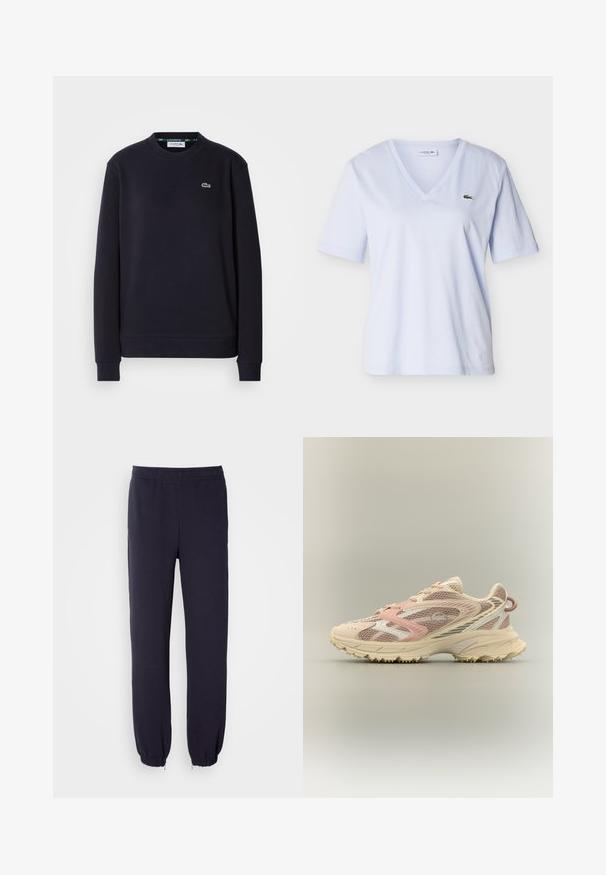 Simpel sort langærmet Lacoste sweatshirt med rund hals og broderet grønt krokodillelogo på venstre bryst mod hvid baggrund.; Lyseblå kortærmet T-shirt med V-hals og en lille grøn krokodille-logo på venstre bryst, vist på en ensfarvet baggrund.; Marineblå sweatpants med elastisk talje og snoreforbundne nederste kanter. Fremstillet af blød stof med en glat tekstur, uden synlige mønstre eller udsmykninger.; Løbesko med pink, beige og cremet mesh samt syntetiske overlays, kraftig sål og tekstureret ydersål for greb, set fra siden.