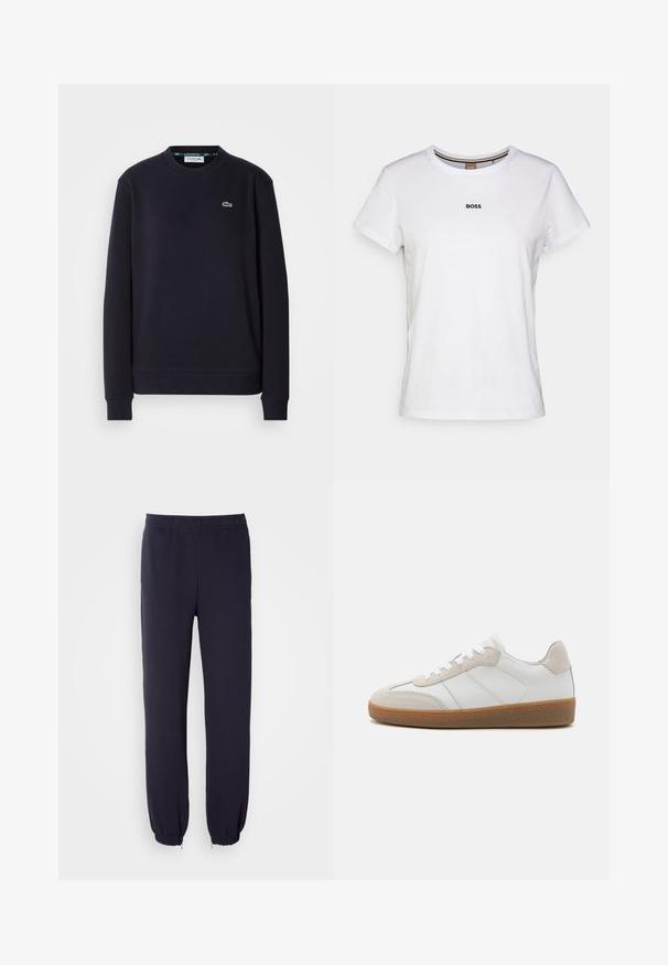 Lihtne must pika varrukaga Lacoste crewneck fliis, mille vasakus rinnas on broderitud roheline krokodilli logo, valge taustal.; Valge puuvillane T-särk lühikeste varrukatega, ümmarguse kaelusega ja väikese musta "BOSS" logoga rinnal, millel on sile tekstuur.; Tumed teksad elastse vöökoha ja kokku tõmmatud äärtega. Valmistatud pehmest kangast, millel on sile tekstuur, ilma nähtavate mustrite või kaunistusteta.; Valged nahast spordijalatsid, millel on beežist sametist aksessuaarid, tekstureeritud keel ja kummitald. Omab valgeid paelu ja peeneid õmblusdetailide.