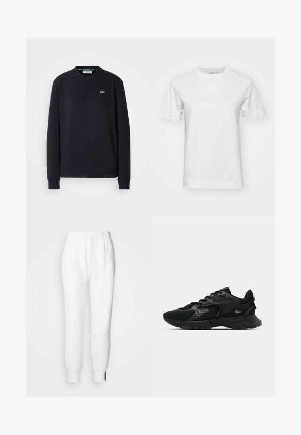 Musta pitkähihaisuus Lacoste crewneck-huppari, jossa on brodeeratun vihreän krokotiilin logo vasemmalla rinnalla, valkoista taustaa vasten.; Valkoinen puuvillapaita lyhyillä hihoilla, pyöreällä kaula-aukolla ja tekstuurilla varustettu "LACOSTE"-logo edessä. Sileä kangas, normaali istuvuus.; Valkoiset juoksuhousut, joissa on elastinen vyötärö ja nauhakuja, sivutaskut ja ribatut hihnat. Pehmeä kangas, jossa on brodeerattu logo.; Musta urheilukenkä, jossa on verkko- ja synteettisiä materiaaleja, teksturoituja yksityiskohtia, nauhakiinnitys ja näkyvä logo sivulla.