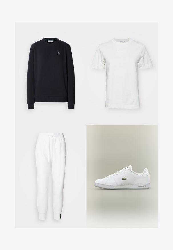 Schwarzes Langarm-Lacoste-Pullover mit Rundhalsausschnitt und gesticktem grünen Krokodil-Logo auf der linken Brust, auf weißem Hintergrund.; Weißes Baumwoll-T-Shirt mit kurzen Ärmeln, Rundhalsausschnitt und einem strukturierten "LACOSTE"-Logo auf der Vorderseite. Glatter Stoff mit normaler Passform.; Weiße Jogginghose mit elastischem Bund und Kordelzug, mit seitlichen Taschen und gerippten Bündchen. Weicher Stoff mit gesticktem Logodetail.; Weiße Sportschuhe aus synthetischem Leder, mit einem grünen gestickten Krokodil-Logo, Schnürdesign und minimalistischer Silhouette.