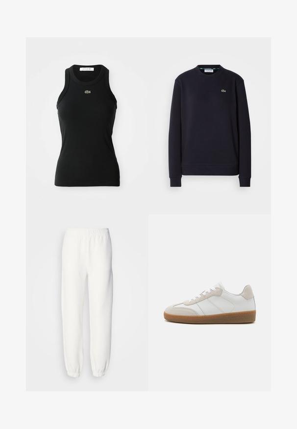 Effen zwarte lange mouwen Lacoste crewneck sweatshirt met geborduurd groen krokodillenlogo op de linkerkant van de borst tegen een witte achtergrond.; Zwart mouwloos geribbeld tanktop met een ronde hals en een klein groen Lacoste krokodillenlogo gecentreerd onder de halslijn.; Witte sweatpants van zacht, gebreid materiaal. De elastische tailleband en boorden zorgen voor een ontspannen pasvorm. Minimalistisch ontwerp, zonder zichtbare patronen of accenten.; Witte leren sneakers met beige suède accenten, een gestructureerde tong en een rubberen zool. Voorzien van witte veters en subtiele gestikte details.