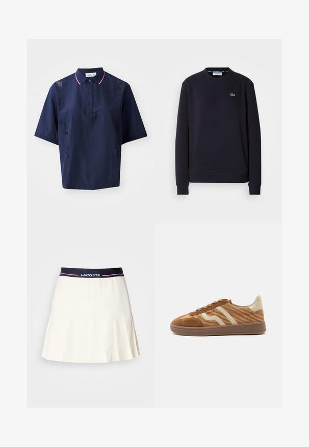 Lihtne must pika varrukaga Lacoste crewneck fliis, mille vasakus rinnas on broderitud roheline krokodilli logo, valge taustal.; Tumedane sinine lühikeste varrukatega polo särk nööpide kinnitusega, kontrastset värvi kaelus punase ja valge aktsendiga ning perforeeritud külje paneelid hingavuse tagamiseks.; Valge volditud seelik tumeda sinise vöökoha ja Lacoste logo ning punaste detailidega. Valmistatud siledast ja pehmest materjalist.; Pruun seemisnahast ja sametpüksist sportkinga beežide laineliste triipude, paelte ja kummist tallaga valgel taustal, külgvaade.