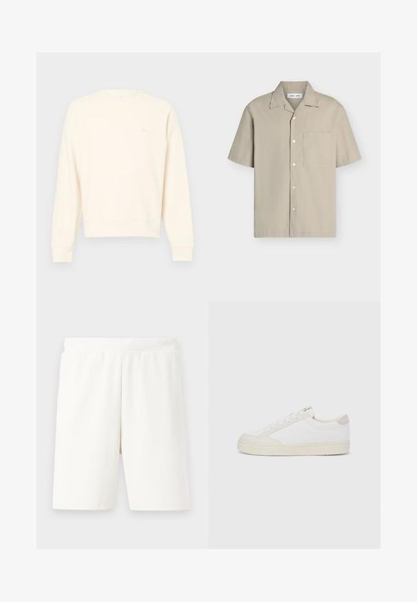 Sweatshirt beige clair en tissu texturé, avec un col rond, des manches longues et un logo subtile sur la poitrine.; Chemise beige à manches courtes avec boutons, col pointu et poche poitrine gauche, posée à plat sur un fond blanc.; Shorts blancs à côtes avec une taille élastique, présentant une coupe droite et une texture douce, adaptés pour un usage décontracté.; Baskets blanches avec une tige en toile texturée, des accents beiges lisses au niveau du talon, et une semelle en caoutchouc. Elles présentent un bout arrondi et un design à lacets.