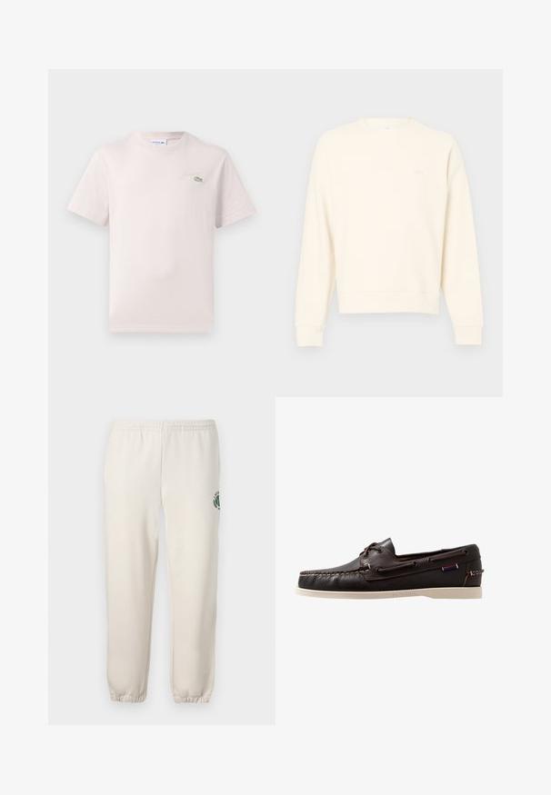 Lichtbeige sweatshirt gemaakt van textuurstof, met een ronde hals, lange mouwen en een subtiel logo op de borst.; Lichtroze katoenen t-shirt met een ronde hals, korte mouwen en een geborduurd Lacoste-logo in het groen op de borst. Zachte textuur.; Lichtbeige sweatpants van katoen, met een elastische tailleband, geribde boorden en een groen logo met een bladerenontwerp op het linkerpand.; Bruine leren bootschoen met witte rubberen zool, gestikte details en oogjes. Heeft een zachte, ronde neus en een logokenmerk aan de zijkant.