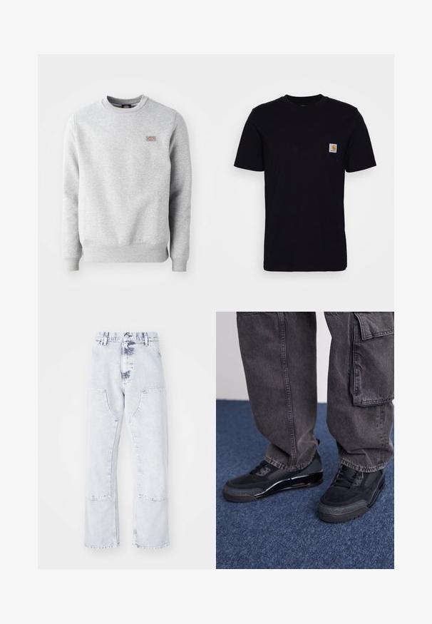 Grijze sweatshirt met een ronde hals, ribgebreide manchetten en onderrand, gemaakt van zacht katoen. Kenmerkt een klein logo op de linkerkant van de borst.; Zwarte katoenen t-shirt met korte mouwen, ronde hals en een borstzak met een klein, vierkant logo patch. Eenvoudig, stevig ontwerp.; Lichtblauwe denim jeans met rechte pijpen, patchzakken, hoge taille en een vervaagd uiterlijk. Voorzien van ton-sur-ton stiksels en een relaxte pasvorm.; Zwarte sportieve schoenen met een gestructureerd oppervlak, gladde accenten en een chunky zool, gecombineerd met donkere, loszittende cargo pants.