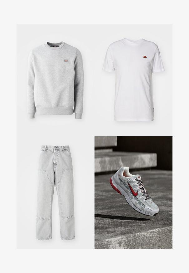 Grå sweatshirt med rund hals, ribbede manchetter og kant, lavet af blødt bomuldsstof. Har et lille logo på venstre bryst.; Enkelt hvid t-shirt med korte ærmer med et lille rødt og orange halvcirkel-logo på øverste venstre brystområde.; Lys grå denim bukser med en løs pasform, der har store sidelommer, synlige sømme og et lige ben design. Bæltestropper i taljen.; Hvid og grå Nike løbesko med røde accenter og sorte snørebånd, ophængt over grå beton-trin.