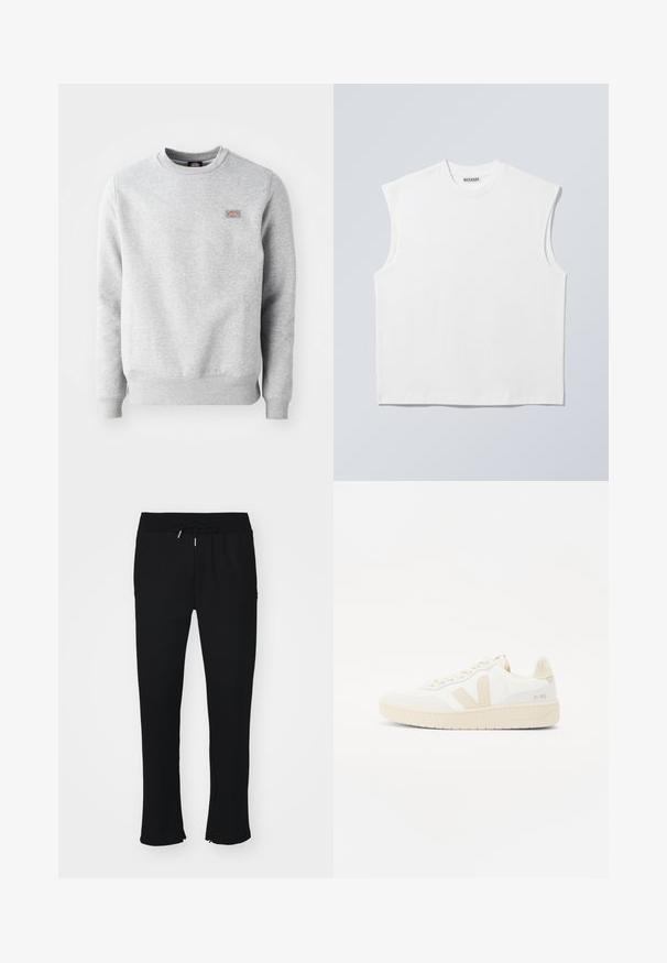 Grauer Pullover mit Rundhalsausschnitt, gerippten Bündchen und Saum, aus weichem Baumwollmaterial. Besitzt ein kleines Logo auf der linken Brust.; Weißes ärmelloses Baumwolltop mit Rundhalsausschnitt und strukturierten Schultern, mit "WEEKDAY" auf dem Kragenetikett versehen, vor hellgrauem Hintergrund dargestellt.; Schwarze Jogginghose aus weichem Stoff, mit elastischem Taillenbund und Kordelzug, Schlitz am Saum und subtiler Mustergestaltung.; Weißer Sneaker mit beigen Akzenten, ausgestattet mit einem strukturierten Obermaterial, runder Zehenpartie und einer dicken Gummisohle. Das Design umfasst das ikonische V-Logo und Branding.