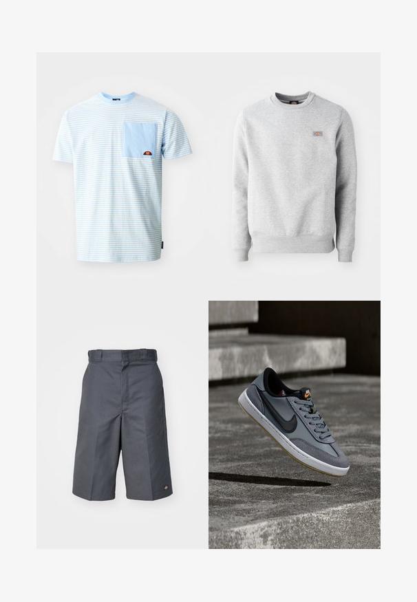 Harmaa collegepaita, jossa on pyöreä kaula-aukko, ribbaatut hihat ja helma, valmistettu pehmeästä puuvillasta. Vasemmassa rinnassa pieni logo.; Ellesse HIRST TEE - Printtipaita - light blue; Housut harmaasta kestävästä kankaasta, suoran leikkauksen omaavat, kahdella sivutaskulla ja pieni logo takataskussa.; Nike-tennari harmaasta nahasta ja mokasta, jossa on musta swoosh-logo, valkoinen keskipohja ja kuvioitu kumipohja kummikorostuksilla.