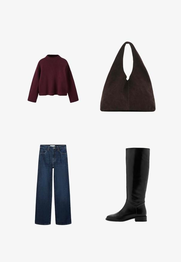 Bordeauxrød strikket sweater med høj hals, sænket skulder og lange ærmer. Har et cropped design og ribbet tekstur.; Bredde bukser i mørkeblå denim med høj talje, med fem lommer og klassisk knaplukning. Glat tekstur og lige snit.; Sorte læderknæhøje støvler med en glat overflade, rund tå, let hæl og minimalistisk design. Har en tætsiddende skaft og stitched detaljer.; Blød mørkebrun trekantet skuldertaske med ét bredt håndtag øverst og en glat overfladestruktur.