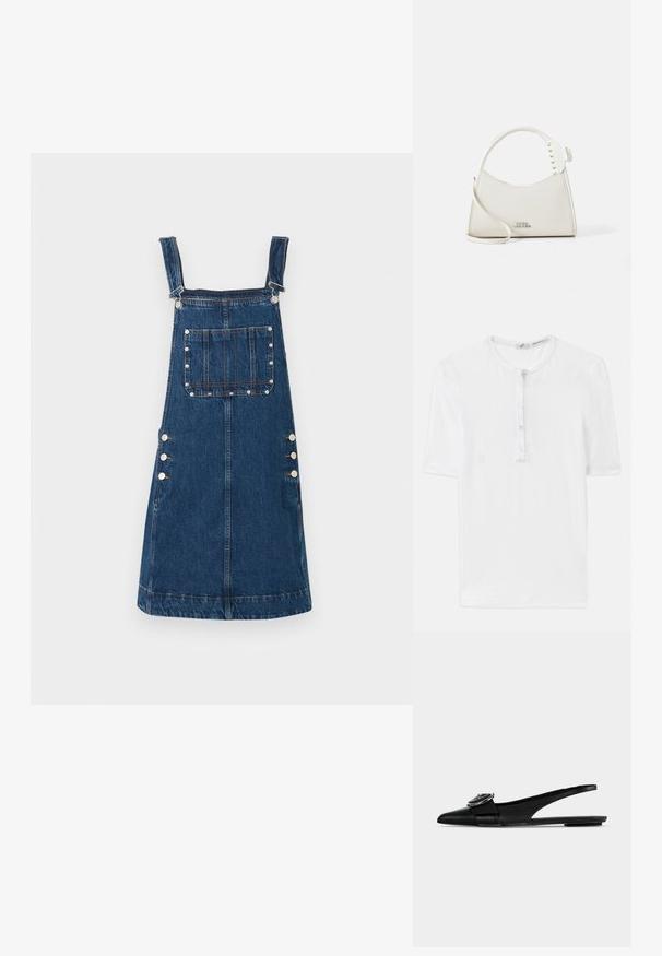 Hvid kortærmet T-shirt i ribbet stof med rund halsudskæring og fem knaplukninger. Blød tekstur og afslappet pasform.; Denim overallkjole i mørkeblå, med justerbare stropper, lommer foran og sideknapper til fastgørelse. Glat tekstur og afslappet design.; Sort læder spids tå slingback flad med en bred rem og rund metal spænde detalje på toppen.; Hvid læder håndtaske med en buet form, udsmykket med små hvide nitter langs håndtaget. Har en lang rem og prægede logo foran.