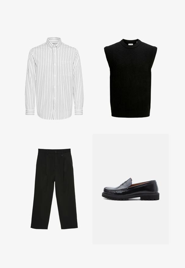 Schwarzer ärmelloser Pullover mit rundem Halsausschnitt, aus strukturiertem Stoff gefertigt, mit geripptem Saum und Armausschnitten. Einfaches und minimalistisches Design.; Weißes Langarmhemd mit schwarzen vertikalen Streifen, Button-Down-Kragen, einer Brusttasche und kontrastierenden gestreiften Manschetten.; Schwarze, weit geschnittene Hose mit Knopf- und Reißverschluss, Gürtelschlaufen und einem kleinen Metallring in Bundnähe.; Schwarze Leder-Penny-Loafer mit strapazierfähiger Gummisohle und Mokassin-Stich, seitlich auf einem weißen Hintergrund dargestellt.