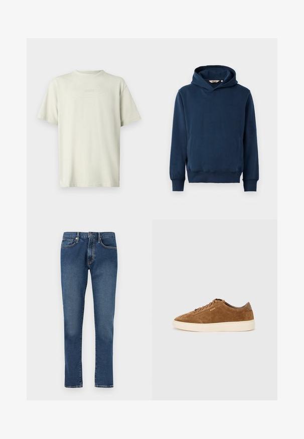 Sweat à capuche bleu marine en tissu doux, avec une poche kangourou, des poignets côtelés et une capuche avec un léger décolleté en scoop et un logo.; T-shirt beige clair en coton, avec un col rond et des manches courtes. Le mot "BOSS" est brodé en couleur ton sur ton discrète.; Jean denim bleu à jambes droites avec un design classique à cinq poches et une fermeture à boutons, présenté à plat sur un fond blanc.; Baskets en daim marron avec bout rond, semelle en caoutchouc crème et lacets ton sur ton. Présentent un logo en relief sur le côté et un panneau arrière lisse.