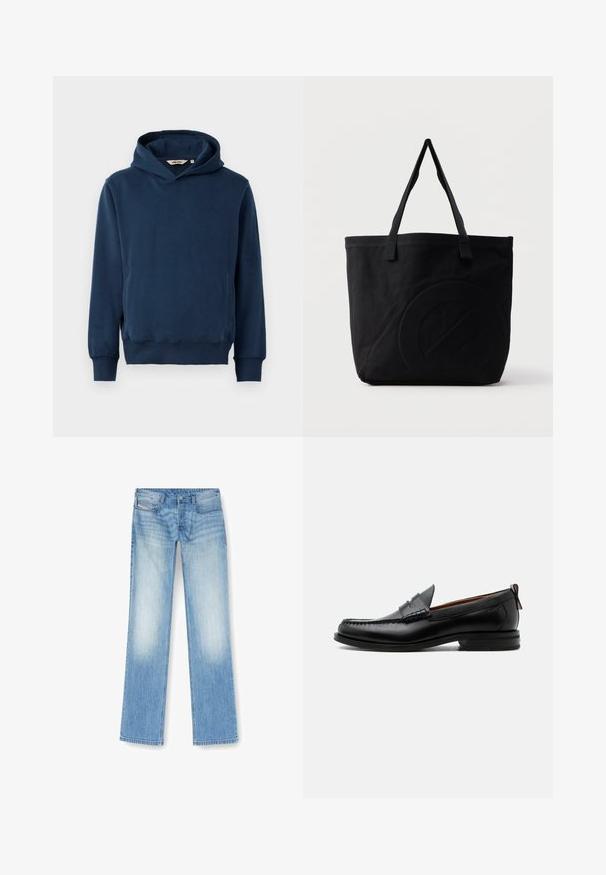 Marineblauwe hoodie van zacht materiaal, met een kangoeroezak, ribgebreide boorden en een capuchon met een lichte scoophals en logodetail.; Lichtblauwe rechte jeans gemaakt van denim, met een vervaagde afwerking, vijf-pocket ontwerp en zichtbare stiksels langs de naden.; Zwarte leren herensloffen met moc toe stiksel, pennyriem, gestructureerde kraag en lage gestapelde hak op witte achtergrond.; Zwarte canvas tas met twee schouderbanden en een subtiel, ingebosseleerd cirkelvormig ontwerp aan de voorkant.