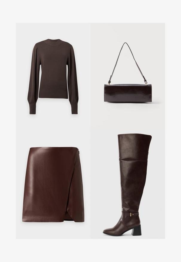 Brun strikket sweater med høj halsudskæring, lange puffede ærmer og ribbede manchetter. Glat tekstur med en tætsiddende silhuet.; Brun læder indpakningsskirt med en glat tekstur, asymmetrisk kant og lynlås i siden. Minimalistisk design uden mønstre eller accenter.; Mørkebrun knæhøj læderstøvle med blokhæl og dekorativ stropdetalje på siden, vist mod en ensfarvet lys baggrund.; Rektangulær sort læderhåndtaske med en enkelt lang rem og blank finish, vist mod en ensfarvet hvid baggrund.